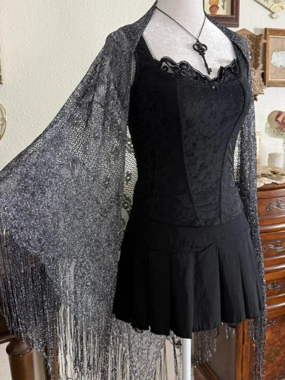 Vintage witchy whimsigoth boho silver sheer floral fringe shawl